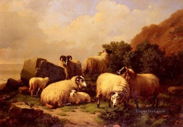 three women at the table by the lamp Painting - Sheep grazing By The Coast Eugene Verboeckhoven animal